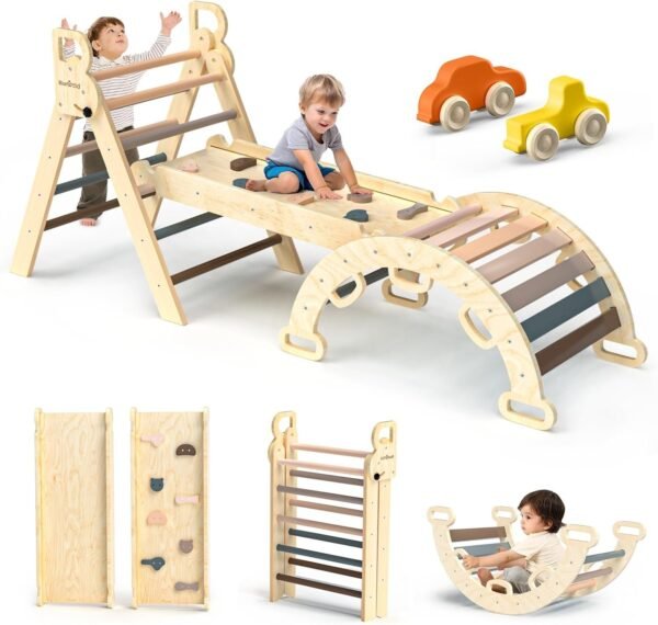 Wooden Montessori Toy Set-7in1 Foldable Baby Climbing Wooden Toys with Arch&Ramp&Ladder Climber Indoor Jungle Gyms for Toddlers